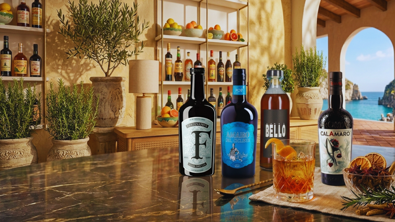 4 bottiglie di amaro in un paesaggio estivo