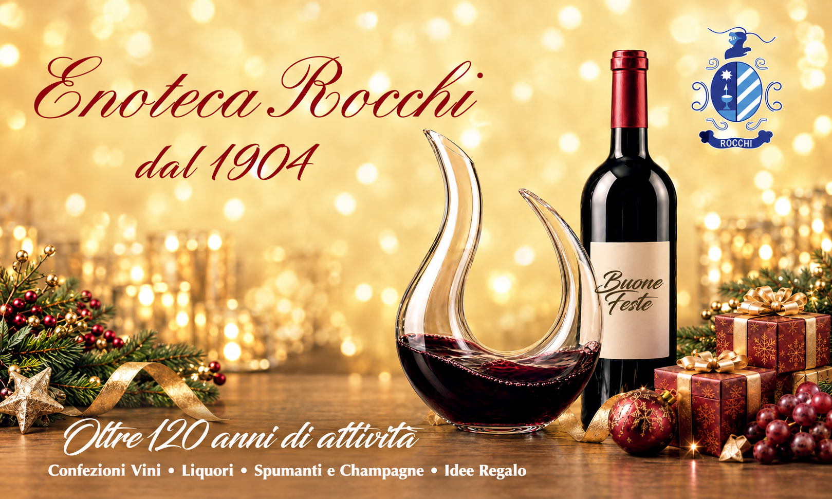banner di natale con luci natalizie e vino